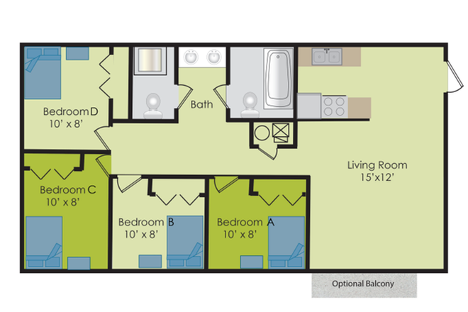 Apartment Layout - 4 Bed/2 Bath Apt Directly Next to Campus