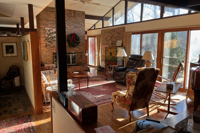living room wiht view on woods/parkland - Quiet mid-20th century furnished home in woods 15 minutes from MSU