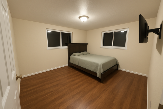 This is my bedroom with all the stuff removed with ai. Nice windows, direct access to bathroom through side door. - Room sublease for house with 5 undergraduate guys.