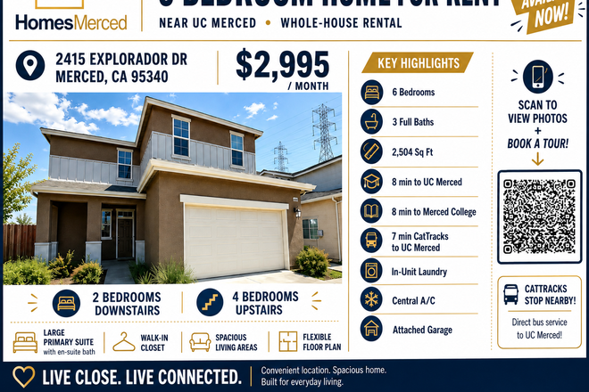 Flyer - Check Zillow for more photos - Live Close to Campus Spacious Via Moraga Home Near UC Merced & CatTracks