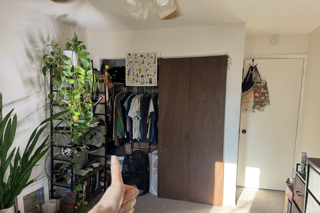Here is another angle of the bedroom. It comes with a spacious closet. My roomate removed the closet doors. But will be reinstalled - Roommate needed for apartment close to campus!