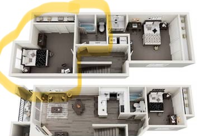 Highlighted area is the space being sublet - Single bedroom in shared apartment, 2 mins from campus!