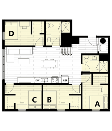 The bedroom is bedroom C - Hub on University, 5 mins from campus, 5 mins from Publix, coffee shop and boba shop below Apartments