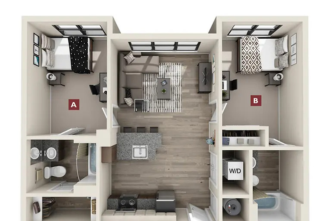 Floor layout of apartment unit. Room A is being sublet - Yugo Maxwell Apartments