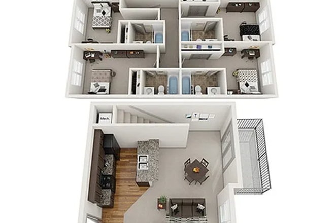 shared living area downstairs, bedrooms and private baths upstairs - 4 bed 4 bath at The James Apartments