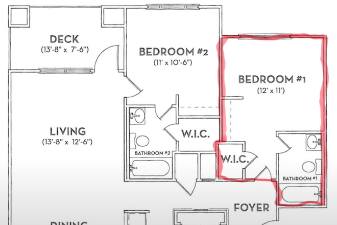Floor plan of the unit - Woodlands of Knoxville 1 bed/bath ($300 as reward) in a 2 bed/bath unit (January 2026 to July 2026).