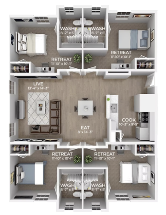 Bedroom, Personal Bathroom and Closet, Living room, Kitchen, Dining area - Campus Heights Premier Apartment