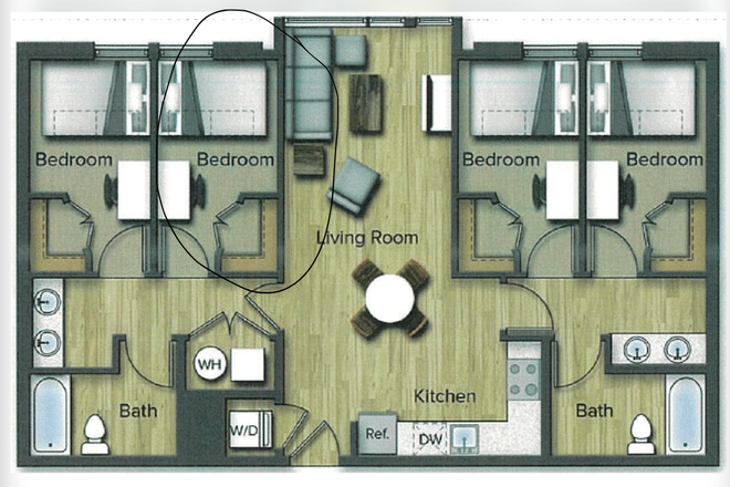The circled room is the one that would be subleased. - Terrapin Row Apartment