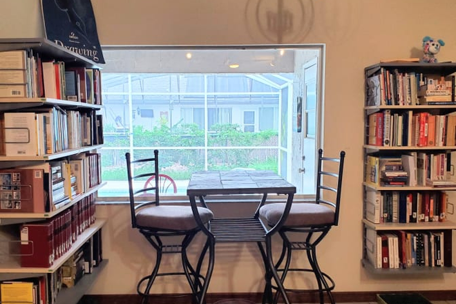Library overlooking pool across from kitchen - Furnished Bedroom, Private Bath, Shared House, All Inclusive, Female, or Male