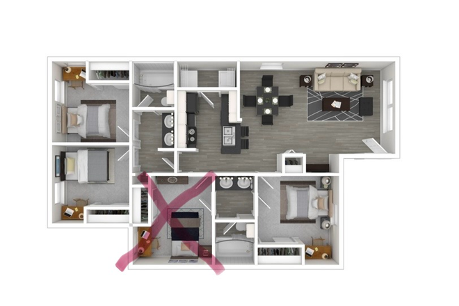 X marks the room you’d get - Apartment near campus at the Verge