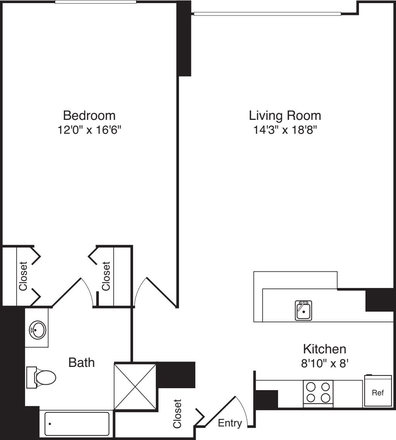 Floor Plan - 1Bed Gateway at Malden Center (No Security Deposit, No broker fee)