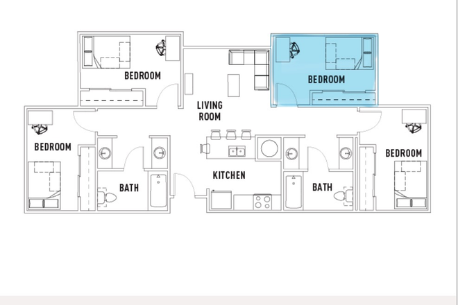 Floor plan, subletted room is highlighted - Plaza Verde - Private Room Apartments