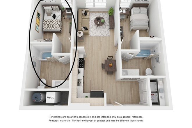 bedroom on the left, larger bathroom. - Fieldstone Apartment Sublease Double With Private Bedroom living Room and Kitchen.