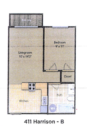 Floor Plan 1 - 1 Bed 1 Bath Apartment Close to Campus (411 Harrison St.)