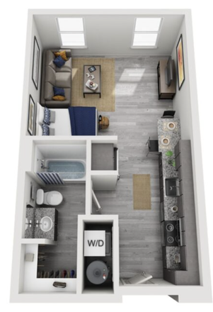 443 sq. ft. S1 studio with 1 bath, in-unit W/D, full kitchen, modern finishes, and private layout at 114 Earle. - 114Earle