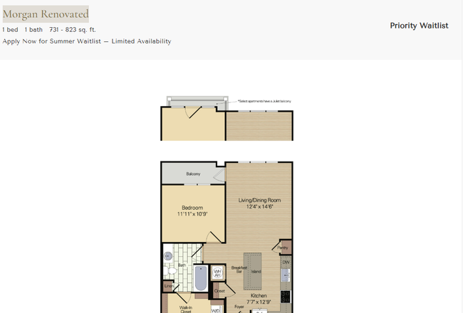 Floorplan - Berkshire 9th Street Apartments, One-Bedroom apartment near Campus. Walkable Community!