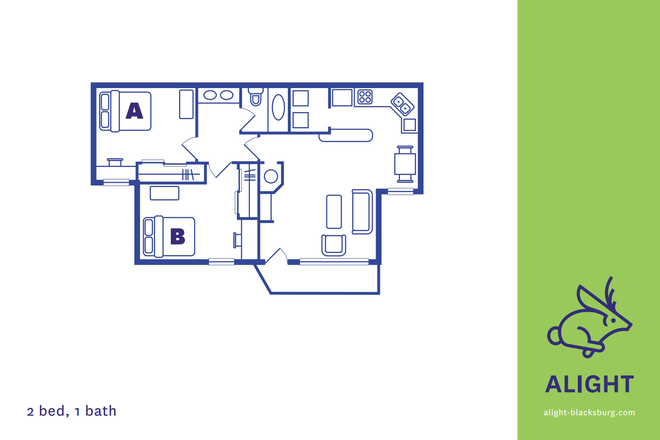 2 Bedroom, 1 Bath floorplan (no fireplace) - Alight Blacksburg Student Apartments (2 Bedroom)
