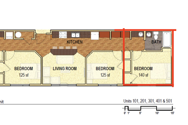 140 sq ft bedroom, shared bathroom - The Prefontaine