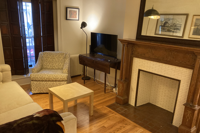 living room - Large Furnished Charles Village Apt. 1 BR, 1 Bath. Flexible term lease: 1 mo min. Wood floors