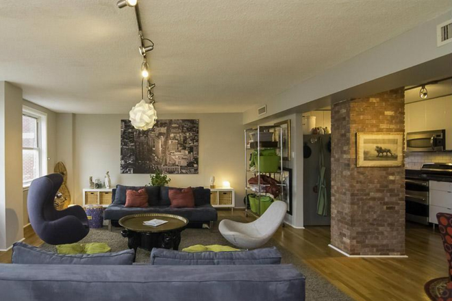 Mostly the Living room and kitchen on the right - $1100 monthly rent, seeking roommate for 2-bedrooms/2-bathrooms Saint Paul condo in Mount Vernon!