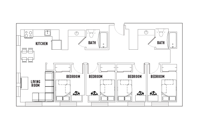 Floorplan of the unit. The room being subleased is bedroom D - the one closest to the kitchen and living room. - Lightview Summer 1+2 Sublet Just Off-Campus! Apartments