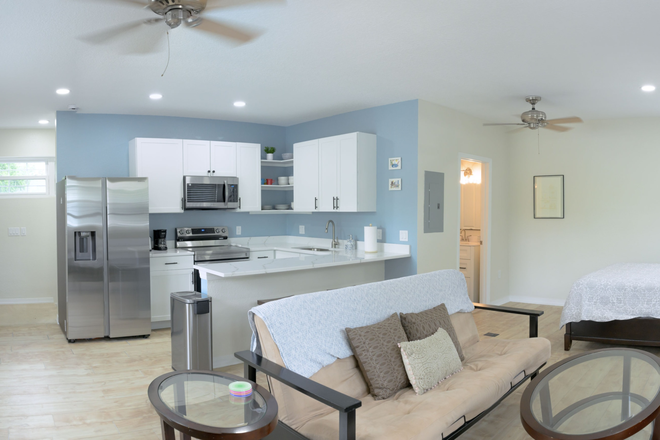 Living space and kitchen - Furnished Studio Apartment Near UCF Downtown