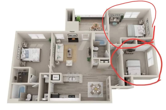 Apartment layout. Rooms available circled - Amberwood Apartments - $525/month rent - 3 bedroom - Laundry in house
