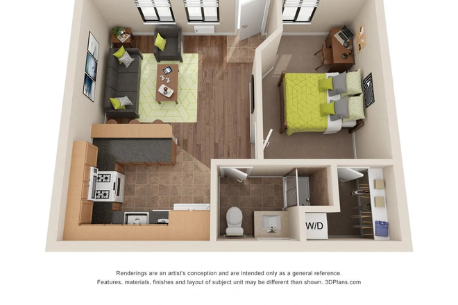 Model Apartment Rendering - East Campus 1 Bed/1 Bath Spring and Summer Sublet