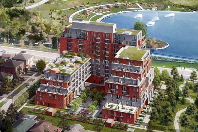Aerial view looking at rear/courtyard of building - The Keeley