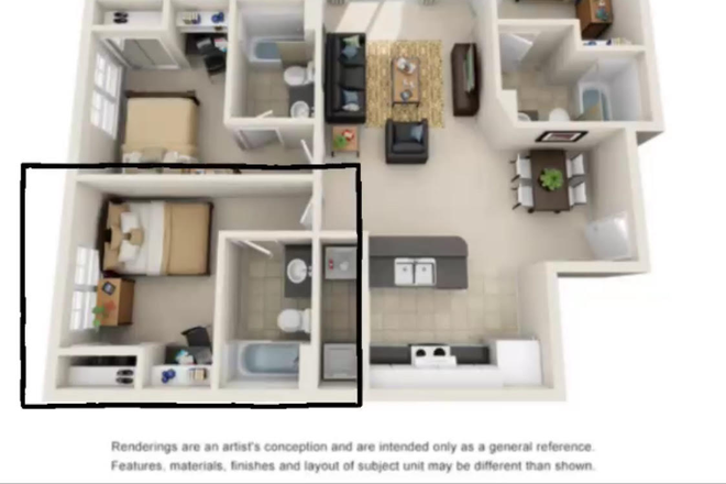Full unit view with bedroom noted - Lease Takeover - Campus Crossings Standard Furnished 4x4