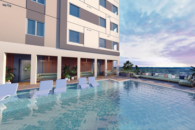 Outside view of pool in the upper floors - Nine 31 Apartments, close to campus, $750 sign on bonus