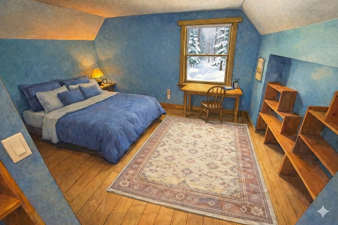 illustration of upstairs blue bedroom - Furnished 3-bedroom N. Pomfret house-share near South Royalton on 12-month Lease