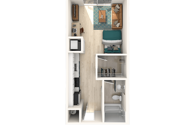 Studio floor plan. Furniture included - Lumen Above Railroads Apartments