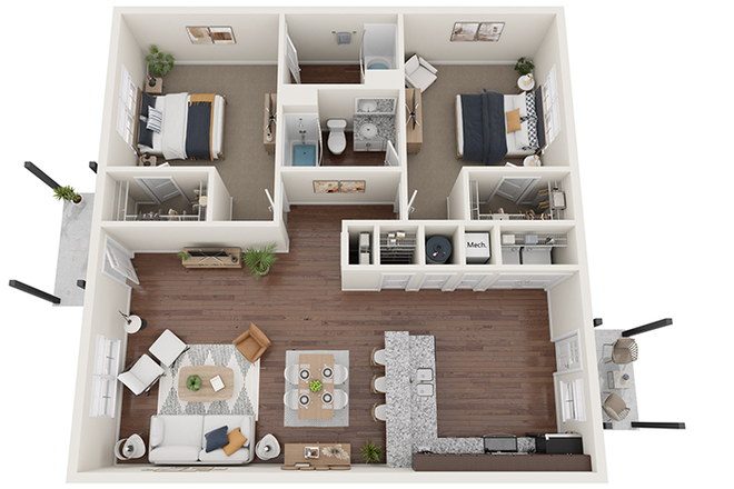 Layout of the apartment that showcases the private bedrooms with bathrooms. Plus a spacious living area. - Cottages on Hollywood