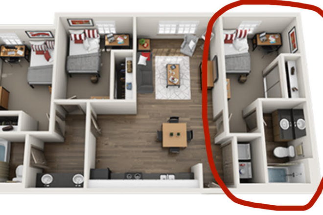 The circled bedroom & private bathroom is what you will be getting. - College Inn Summer Sublease