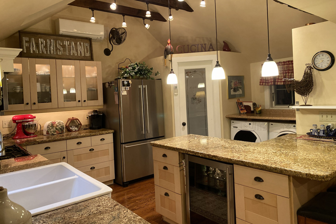 Kitchen 1 (Shows washer & dryer) & Pantry - Quiet Hadley Farmhouse, Bike Path, Walking Trails, Hardwood Floors