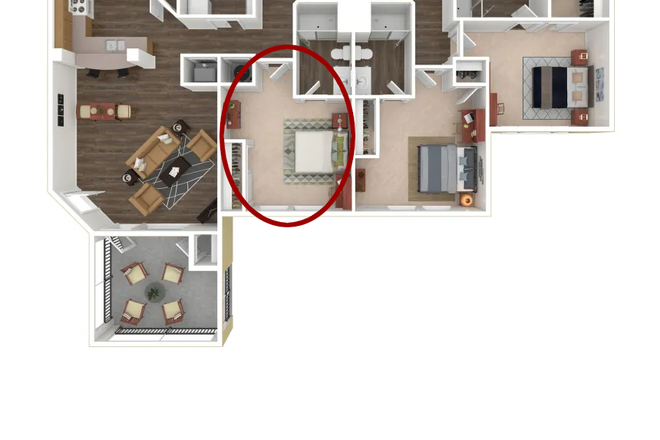 Floorplan with bedroom A circled - Room in Premium 3x3 Ground Floor Pool Front Apartment Available at Hidesaway Gainesville