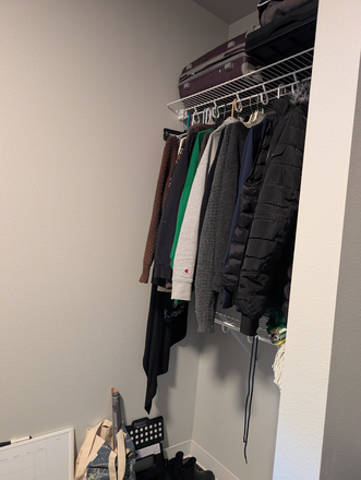 Closet space. Shelf is underneath where clothes are hanging. It is on the wall with the door, with a section of wall creating a nook space. - Flock 13