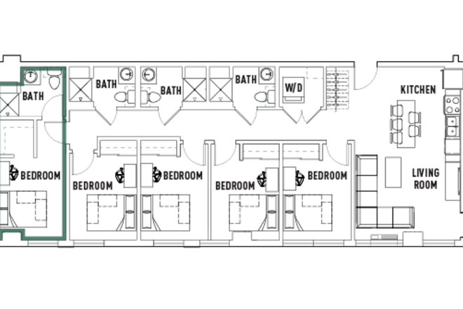 Floor plan of the unit with only two of the other rooms not highlighted occupied by graduating seniors. - The515
