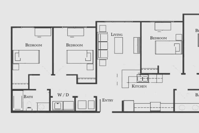 First bedroom on left, shared bathroom with one roommate. - Bellamy Dahlonega Apartments