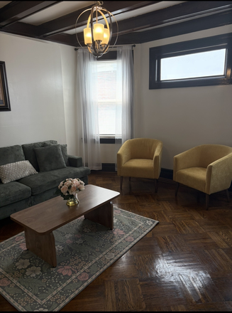 Living Room - TV, Coffee Table, Couches, Chairs & Rug - Charming 3 BR Apt 2 Blocks from Seton Hall Univ