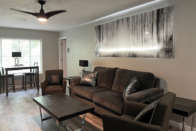 large shared living & dining room with new furniture, smart TV - Females- BRAND NEW RENOVATION!  Private 1bd/1ba suites in a shared 4/4- close to Campus. Condo