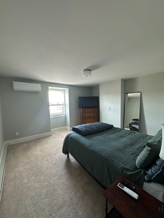 Furnished bedroom entrance view. The left corner is the private AC unit (with remote control). The right corner is the private Smart TV. - 1 BR Available in 2 BR Beautiful Rowhouse in Central Lawrenceville