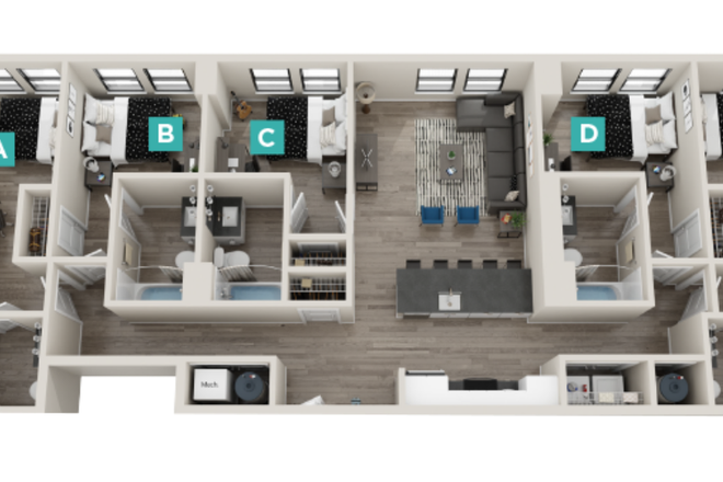 Apartment layout - Bedroom C, balcony connected to living room - The Standard Apartments