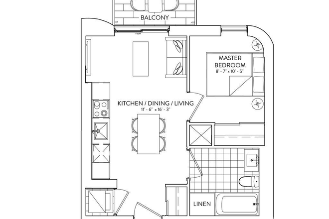Floor Plan - Furnished 1 Bedroom Condo, Transportation, Living Friendly, 1 minute 24 Hrs to TTC ServiceHrs