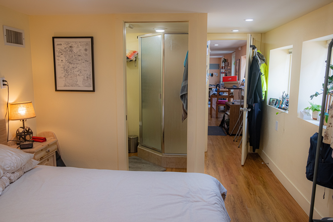 bedroom and bathroom - Studio apartment with separate bedroom in North Berkeley