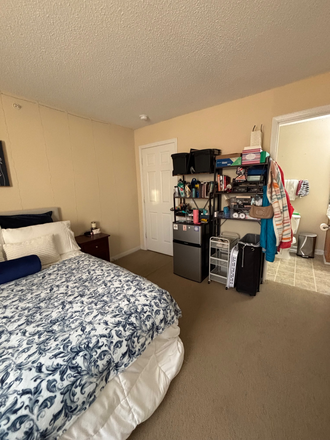 Bed, right night stand, 2 separate side by side storage rack with 3-tier shelves, and laundry basket! - Mountaineer Village Apartments