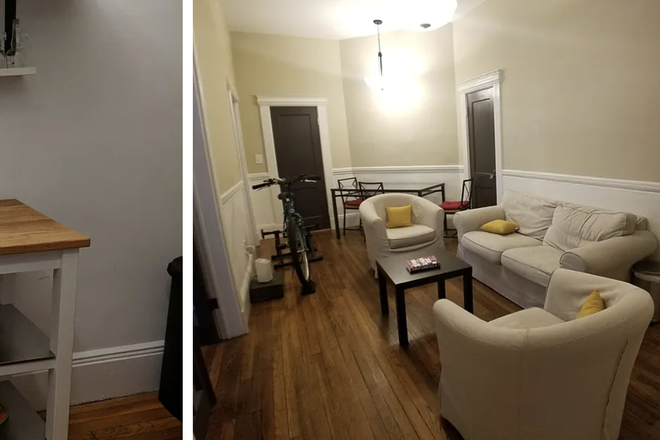 Living room + spice rack / added kitchen counter space - Clean + Stunning Apartment Right Off The Green Line (AMAZING LANDLORD)