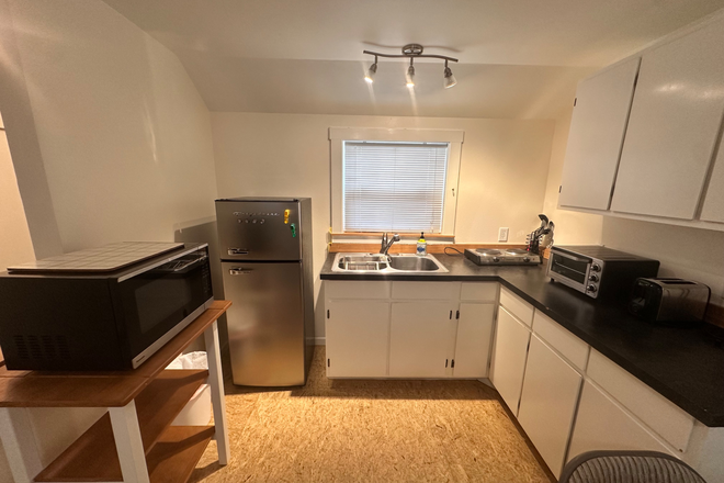 View of kitchenette including the sink, microwave, refrigerator, induction burner, tosater, and counter top oven - Studio apartment close to campus