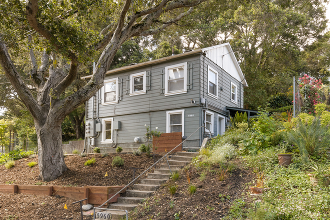 From McBryde Ave-Unit is the upper floor, entered from the back - Beautiful wooded property in Richmond Hills near Berkeley, 1+ Bd, 1 Ba Rental